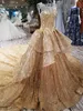 Wunderschöne goldene Dubai-Hochzeitskleider, glitzernde Pailletten, Kristallspitze, schiere Rückseite, Brautkleid, Luxus-Kapellenzug, Vestido de Novia, Hochzeitskleid