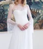 Lace Bohemian Wedding Dress Chiffon Sheer Neck Illusion Long Sleeves Pleated Sweep Train Boho Beach Bridal Gowns Covered Buttons Back