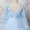 Ice Blue Butterfly Appliques Girls Pageant Gowns Sheer Long Sleeves Lace Up Back Flower Girl Dresses For Wedding Tulle Tiered Baby Ball Gown