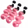 Brasilianisches reines rosafarbenes Menschenhaar, 3 Bündel mit Spitzenverschluss, schwarz bis rosa, Ombre-Körperwelle, menschliche Haarwebart mit 4 x 4-Spitzenverschluss