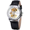 WINNER Urban Modern Style Men Golden Mechanical Watch Skeleton Dial Leather Strap Luminous Hand Chic T-WINNER Wrist Watch