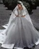 2019 Luxus Spitze Ballkleid Brautkleider V-Ausschnitt Spitze Kristall Brautkleider Sweep Zug Plus Size Langarm Brautkleid
