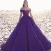 Moda Deep Fioletowy Prom Dresses Sexy Off Ramię Długość Piętro Koronkowa Suknia Balowa Party Dress Glamorous Saudi Dubai Celebrity Suknie wieczorowe