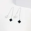 Sterling Silver 925 Classic Long Dangle Earrings Korean Lucky Clovers Pearl Ear Wire Earrings For Women