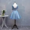 2018 Sexy V-Neck Appliques Short Prom Dresses With 3/4 Long Sleeve Tulle Homecoming Cocktail Party Special Occasion Gown Vestido Fiesta BH17