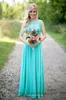 새로운 디자인 청록색 컨트리 스타일 저렴한 쉬폰 신부 들러리 드레스 레이스 주름 층 길이 결혼식 돌풍 드레스 공식적인 하녀 명예 가운