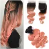 Offerte di fasci di capelli umani vergini brasiliani rosa Ombre con chiusura Dark Rooted 1B / Rose Gold Ombre 2Tone 4x4 Chiusura in pizzo con fasci di tessuto