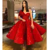 Sparkling One Shoulder Prom Dress Luxury Red Sequined Short Sleeve Celebrity Party Dress Sexy Ankle Length Formal Ball Gown Evening Dresses