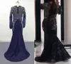 2018 Long Sleeve Navy Evening Dresses Mermaid Bubble Pearls Beaded Lace Sweep Train Maxi Formal Gowns