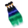 Three Tone #1B/Blue/Green Ombre Brazilian Virgin Human Hair Bundles Deals 3Pcs Lot Silky Straight Human Hair Weaves Weft Extensions