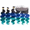 Bundles brésiliens de tissage de cheveux humains à trois tons avec vague de corps frontale 1B / bleu / vert tissage de cheveux ombrés avec fermeture frontale en dentelle 13x4