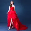 Oszałamiająca Hi Lo Bal Sukienka Bez Ramiączek Bez Rękawów Kwiatowy Aplikacja z koralikami Sweep Pociąg Soft Tulle Prom Dresses Suknie wieczorowe