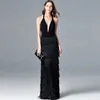 Women's Sexy Deep V Neck Sleeveless Ruched Waist Tiered Tassels Fashion Long Party Dresses Elegant Runway Prom Dresses