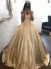 2018 Gold Princess Evening Dresses Appliques Off Shoulder Ball Prom Gowns Satin Quinceanera Dress Sweep Train Custom Made