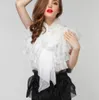 S-XXL 2018 Retro Kvinnors Blusar Domstol Lyx Lace Ruffles Bow Summer Kvinna Puff Sleeves T Shirts Top Märke Design Blasias Blusa