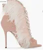 2018 femmes sexy à lacets bottines bottes de plumes femmes chaussons talon mince bottes de fourrure douce dames chaussures habillées peep toepink botas