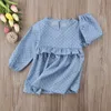 Mooie peuter kinderen pasgeboren babymeisjes jurk denim dot geprinte kleding ruche prinses feest tule lange mouw jurken