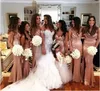 2018 Sparkly Mermaid Side Split Rose Gold Druhna Dresses Spaghetti Paski Cekiny Ruched Backles Long Wedding Guest Guest of Honor Suknia