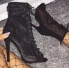 Women High Heel Mesh Shoes Peep Toe Ankle Boots Grey Ladies Booties Lace Up Black Summer Heels Sexy See-Through shoes