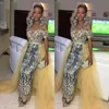 Fascinating Sexy Column Prom Dresses With Detachable Overskirt Off Shoulder Golden Lace Appliques Evening Dress African Formal Party Gowns