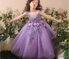 Robes de filles à fleurs avec nœud violet, robe de bal, longueur cheville, en Tulle à fleurs faites à la main, avec des appliques mignonnes, vêtements de cérémonie pour enfants