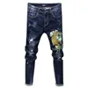 Fashion Male Casual Boutique Embroidery Stovepipe Pencil Jeans / Men's Tight-fitting Embroidered Flower Denim Pants Trousers