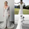 Modest Long Sleeve Wedding Dresses V Neck Lace Front Split Sexy Backless Sweep Train Mermaid Wedding Gowns Illusion Plus Size Bridal Dress