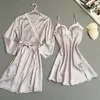 Women Robe Sets Sexy Silk Nightdress Faux Bathrobe Floral Lace Pajamas Adjustable Strap Sleepwear Sleepwear Lingerie Set