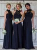 Wysokiej szyi Navy Blue Druhna Sukienki Koronki Top Kobiety Elegancki Elegancki Sexy Prom Party Formalne Suknie