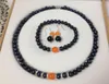 Black Akoya Cultured Pearl/Orange Jade bracelets necklace earrings set No box<<<free shipping