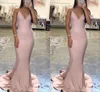 Yeni Seksi Pembe Denizkızı Prom Elbiseler Halter V Boyun Dantel Aplike Piller Süpürme Tren Zarif Resmi Elbise Akşam Elbise Özel Yapım