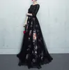 Çarpıcı Siyah Dantel Abiye Scoop Üç Çeyrek Kollu Kat Uzunluk Fermuar Geri Gelinlik Modelleri Çiçek Baskı Abiye giyim Ucuz