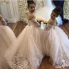 Classy White Ball Gown Bloem Meisje Jurken Sheer Neck Lace Kid Trouwjurken Pakistaanse Schattige Kant Lange Mouw Toddler Meisjes Pageant Jurken