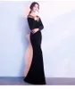 New Velvet Noble Winter Long Sexy Elegant Blue Velvet Evening Dresses Fishtail Neck Long Sleeved Halter Party Dresses HY019