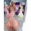 2018 Blush Mermaid Prom Dresses Long Sleeve Sweep Train Appliques Beaded Long Formal Evening Party Gowns Plus Size Vestidos De Fiesta Cheap