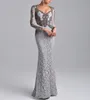 Custom Made Mother's Dresses Mermaid V-neck Long Sleeves Silver Lace Beaded Mother Dresses Evening Dress For Wedding