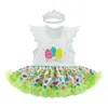 2018 Easter Day Newborn Dresses Baby Girls Light Green Exquisite Embroidery Lace Top Colorful Eggs Pattern Jumpsuit Dress+Crown 2Set Clothes