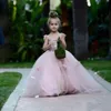 2019 Rosa Blush Flower Girl Dress Spaghetti Straps Junior Bridesmaid Ball Gown Kid Födelsedag Prom Party Pageant Dress