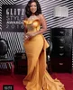 Elegant African Nigerian Mermaid Evening Dresses Fashion Gold Long Formal Plus Size Prom Dresses 2020 With Beaded Satin Train Celebrity Gown