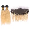 Brésilien Blonde Ombre Vierge Cheveux Humains 2Pcs Offres Bundles avec Frontal Kinky Curly 1B / 613 Ombre 13x4 Fermeture frontale en dentelle avec tissages