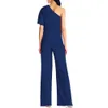 Sexy één-schouder bruiloft wijde pijpen broek avond jumpsuits bruidsmeisje bruiloft romper elegant roze zwart saffier blauw wit bruids9033047