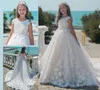 Tanie 2019 Ivory Lace Aplikacja Kwiat Girl Sukienki na ślub 3d-Floral Firm Communion Dress 2018 Little Kids Urodziny Pageant Party Suknie