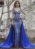 Evening Dresses With Detachable Overskirt Lace Tulle Applique Beaded V Neck Sweep Train royal blue Formal Party Plus Size prom Gown