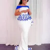 White Off Shoulder Prom Dresses With Blue Appliques Sexy Mermaid Long Prom Dress Formal Evening Gowns Custom Made Plus Size Cocktail Dress