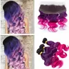 #1B/Purple/Pink Ombre Full Lace Frontal Closure 13x4 with Weaves Virgin Peruvian Human Hair Three Tone Ombre Bundles Deals Body Wave