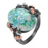 Beautiful Tree Flower Ring Jewelry Black Gold Filled Romantic CZ Big White Fire Opal Ring Women Drop Bands Finger Ring3746159