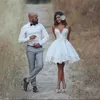 Lovely Beach Short Wedding Dresses Sweetheart Neckine Puffy A Line White Satin and Tulle Mini Bridal Gowns Reception Dress