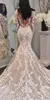 2020 Neue luxuriöse arabische Meerjungfrau-Brautkleider, weiße Spitze, Applikationen, lange Ärmel, Illusion, durchsichtig, Knopfleiste hinten, Sweep-Zug, formelle Brautkleider