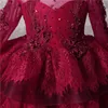 Amazing Multi-Layer Girls Pageant Gowns Dark Red Lace Long Sleeves Appliques Beads Flower Girl Dresses For Wedding Long Train Part276i