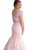 Lindo Rosa Duas Peças Prom Vestido Sereia Evening Formal Vestidos Com Mangas Curtas Pérolas Lace Applique Backless Pageant Vestido